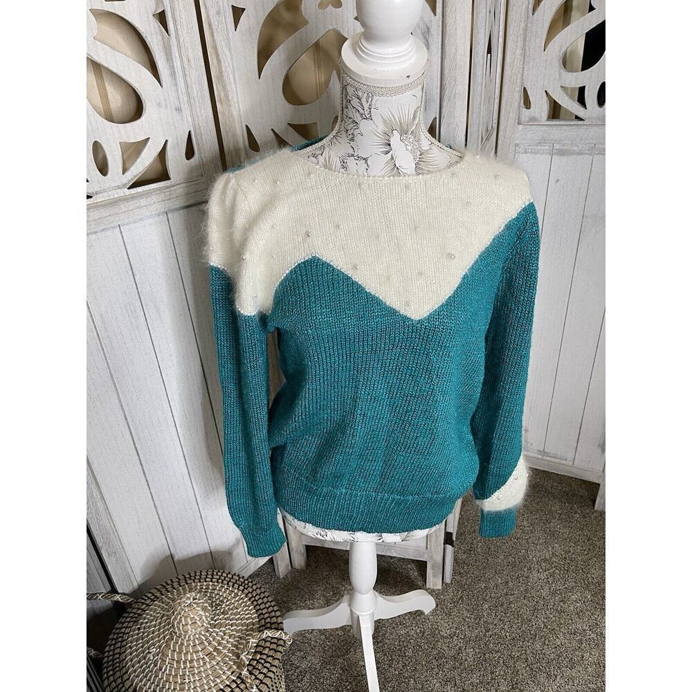 Vintage White Wheeler & Martha Green Cream Sweater Pearls Angora Size Medium